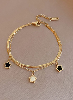 Womens Stainless Steel Double Chain Star Pendant Bracelet