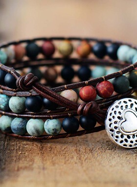 Vintage Leather Bracelets 6MM Matte Stone 3 Strands Wrap Bra