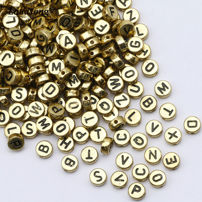 Flat Round 4X7MM Gold Color Letter Beads Acrylic Random