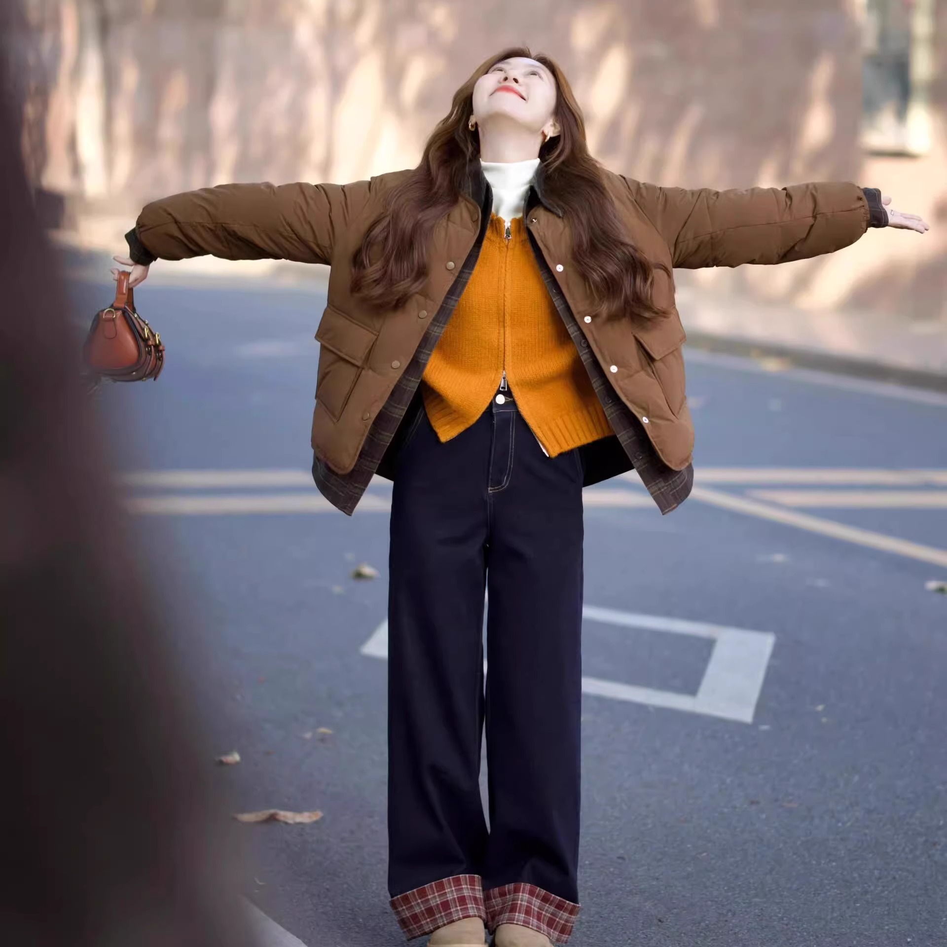 冬装搭配一整套大码胖棉服外套针织开衫牛仔裤美拉德套装女