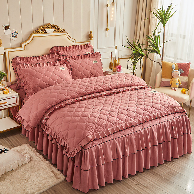 全夹棉床裙式四件套加厚纯棉防滑固定双层花边床笠床罩式床盖被套
