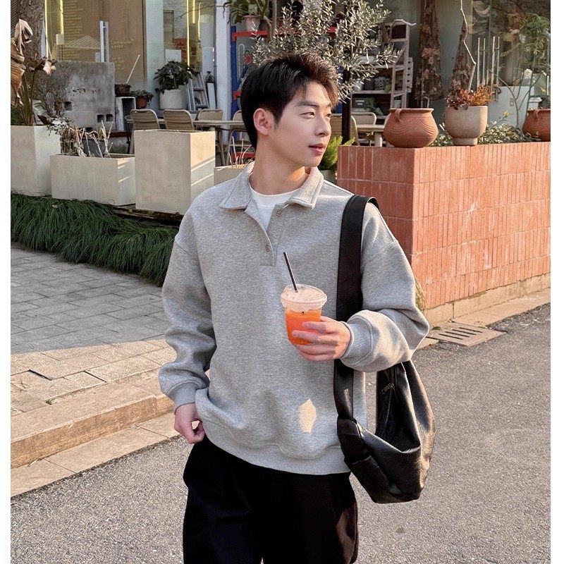 灰色短款翻领卫衣男款冬季加绒加厚长袖polo衫内搭打底衫男生穿搭