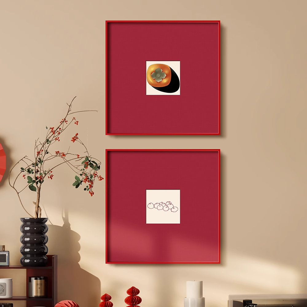 2025新年事事如意柿子餐厅装饰画饭厅客厅挂画高级感红色壁画卡纸