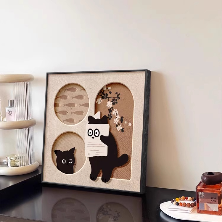 客厅轻法式奶油风小众艺术装饰画猫咪中古风挂画卡通卧室餐厅壁画图片
