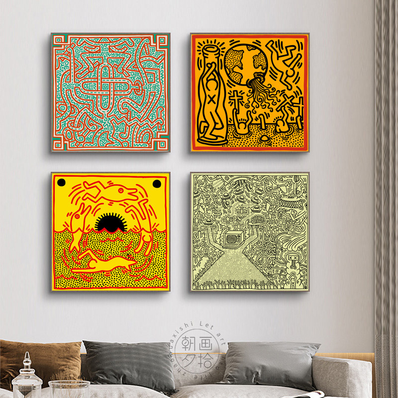 美国波普大师 keith haring 街头涂鸦创意抽象装饰画双联墙面挂画
