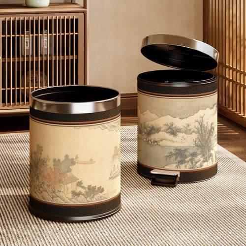 新中式古画大容量双层垃圾桶