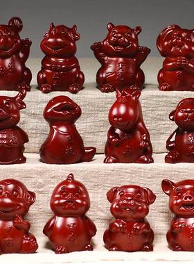 红色木质雕刻12生肖摆件一套鼠牛虎兔龙蛇马羊猴鸡狗猪工艺品送礼