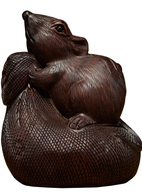 黑檀木雕刻老鼠摆件实木十二生z肖鼠家居客厅玄关装饰品红木工艺