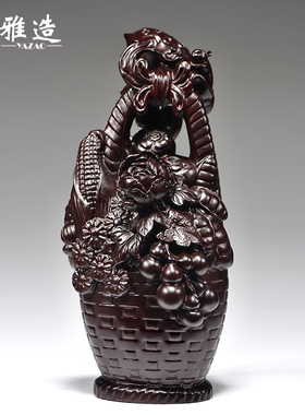 黑檀实木质雕刻花篮大丰收摆件家居客厅玄关电视柜装饰红木工艺品