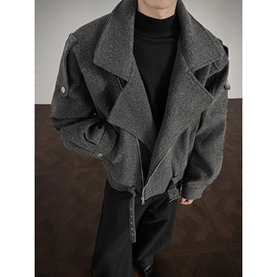 美式 高街痞帅宽松廓形夹克外套 潮牌复古灰色假两件毛呢大衣男秋季