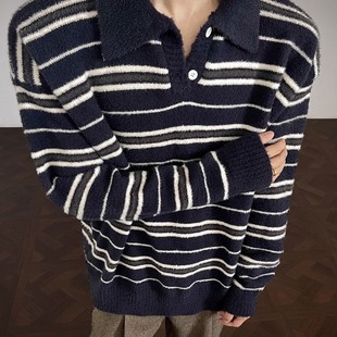 复古老钱风条纹撞色polo领毛衣男女秋冬慵懒感休闲宽松情侣针织衫