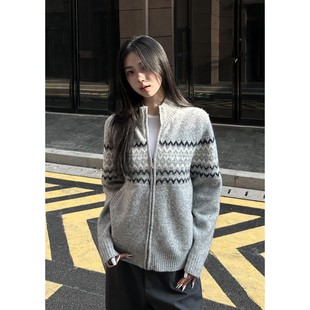 慵懒风立领提花针织开衫 秋季 外套 vintage费尔岛拉链毛衣男款 美式