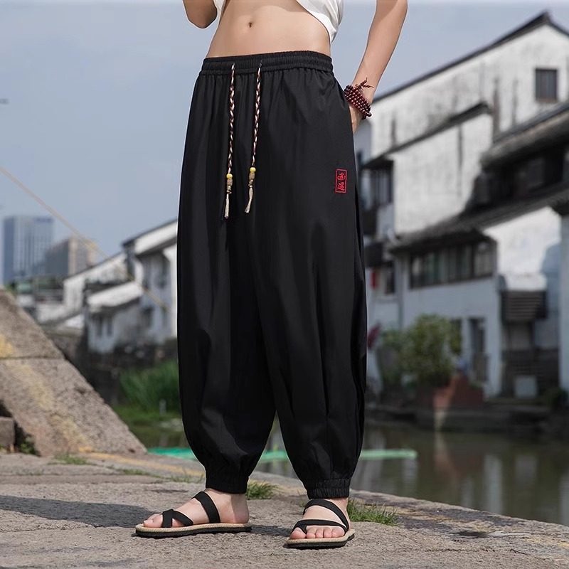 新中式冰丝裤子男士夏季薄款中国风哈伦裤休闲百搭宽松大码阔腿裤,男装,休闲裤,淘宝优惠券,粉丝福利购,淘宝优惠卷