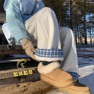 保暖加绒卫裤 美式 宽松垂感加厚棉裤 男女冬季 羊羔绒格纹卷边休闲裤