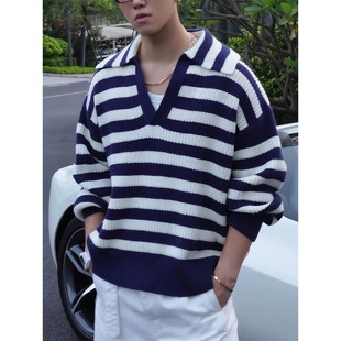 慵懒松弛感长袖 内搭打底衫 毛衣 男秋冬季 老钱风蓝白条纹套头针织衫