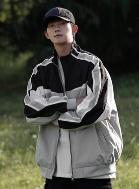 美式潮牌条纹立领夹克男生春秋季