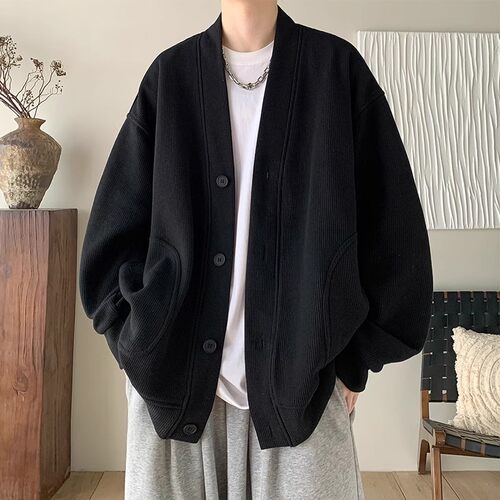 纯黑色日系慵懒风外套男潮华夫格