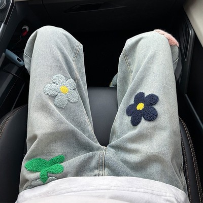 花朵植绒贴布刺绣牛仔裤男微喇裤