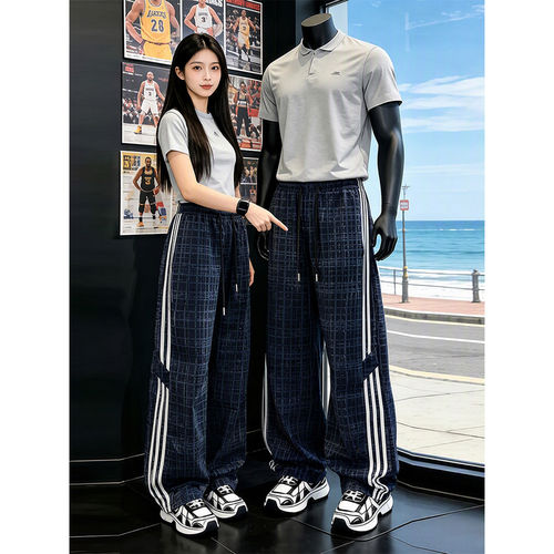 加绒加厚潮牌格纹三条杠裤子男秋