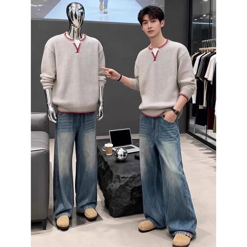 假两件拼色手缝线V领毛衣男冬季