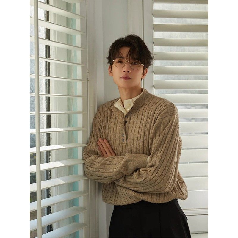 毛衣男立领假两件麻花针织衫男生