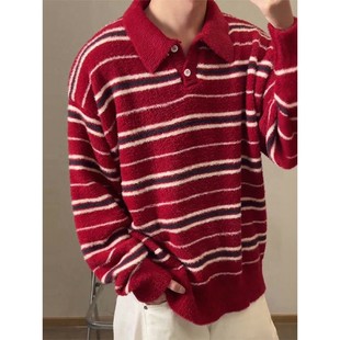 高级感内搭打底衫 慵懒风Polo领针织衫 冬季 多巴胺红色条纹毛衣男款