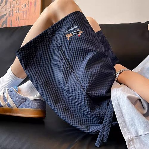 潮流腊肠狗多巴胺短裤男夏泡泡纱刺绣宽松休闲五分裤外穿运动中裤