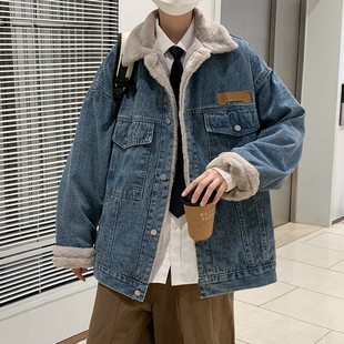 秋冬羊羔绒牛仔外套男潮牌休闲日系复古痞帅美式 高街宽松加绒夹克