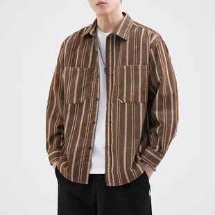 英伦风复古条纹衬衫男长袖春秋款宽松美式休闲美拉德棕色衬衣男生