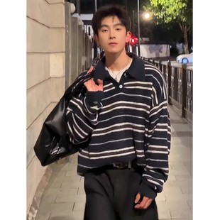 美式 上衣 复古老钱风条纹polo领毛衣男女宽松百搭简约设计感针织衫