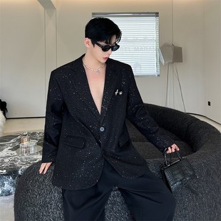 时尚 外套男士 潮流宽松西服上衣 高级设计感亮片小金点西装 春秋新款