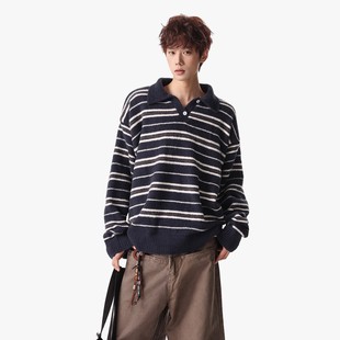 老钱风复古条纹polo领毛衣男秋冬高级感休闲宽松慵懒仿貂毛针织衫
