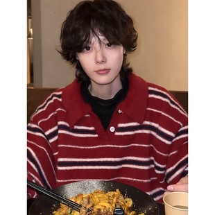 慵懒老钱风毛衣翻领内搭打底衫 红色条纹polo领针织衫 美式 冬季 男款