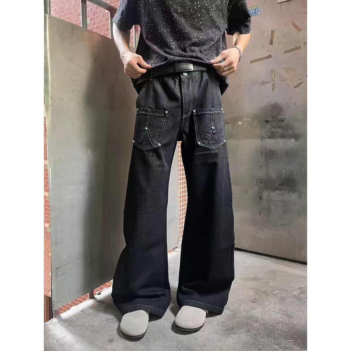 弯刀牛仔裤男廓形A字直筒牛仔裤