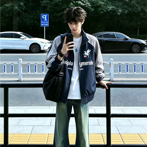 美式撞色机车风印花夹克男款秋季