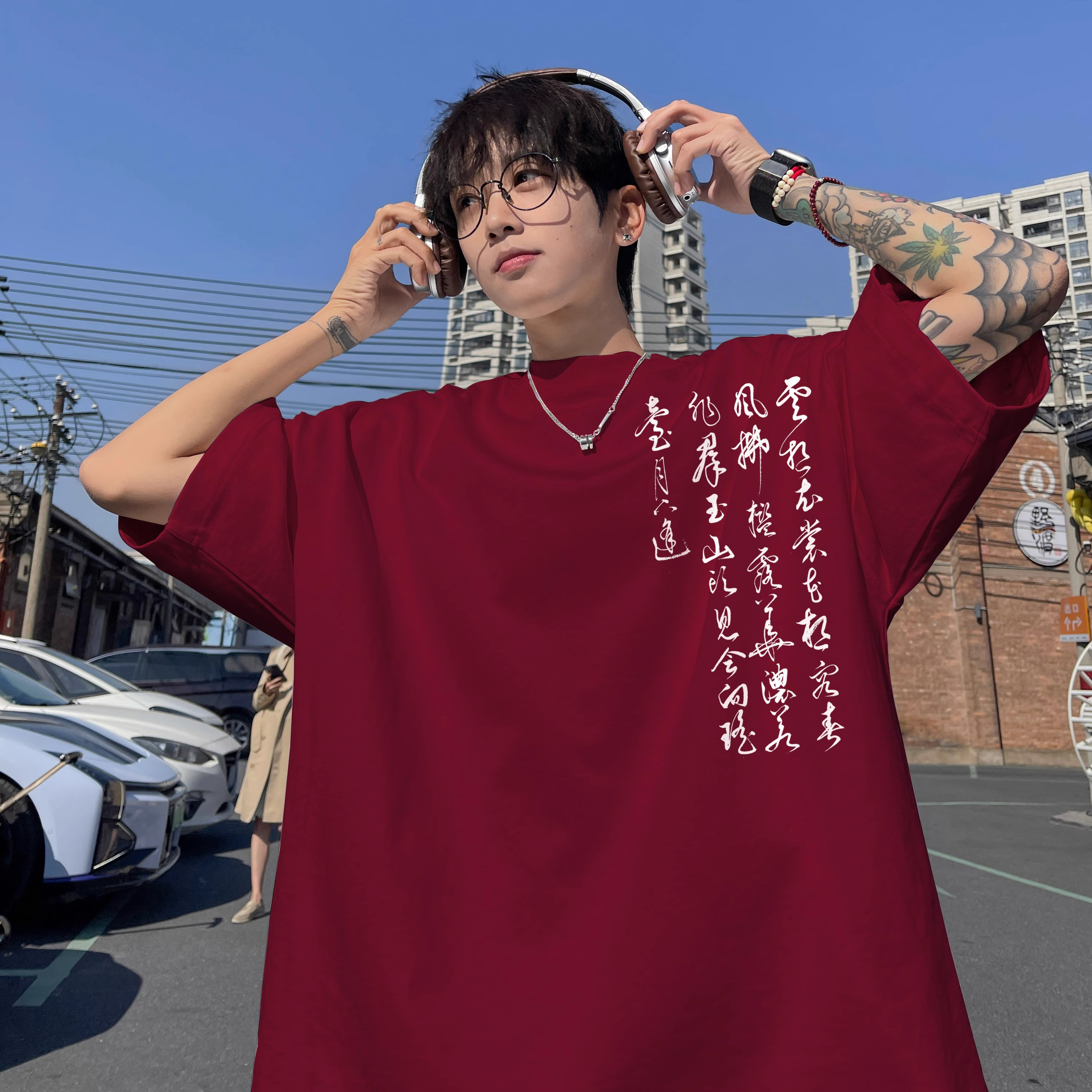 新中式国风酒红色t恤男款夏季纯棉300斤胖子短袖oversize高街半袖