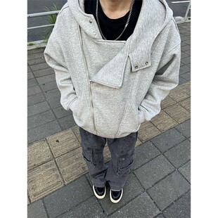 美式灰色连帽卫衣外套男女款秋冬季oversize重磅加厚女款开衫早秋