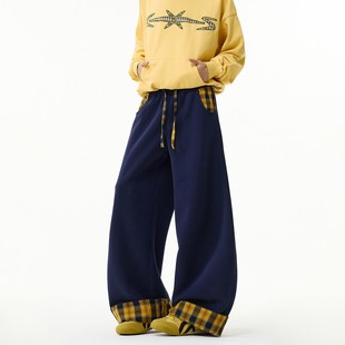 高街潮牌阔腿裤 美式 复古hiphop运动长裤 男女冬季 子 格纹拼接休闲裤