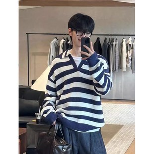 新贵老钱风蓝白色海鸥领条纹针织Polo衫 男秋冬潮流慵懒松弛感毛衣