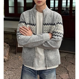 美式 秋季 复古慵懒风半高领拉链针织外套 毛衣男款 高雅灰费尔岛开衫