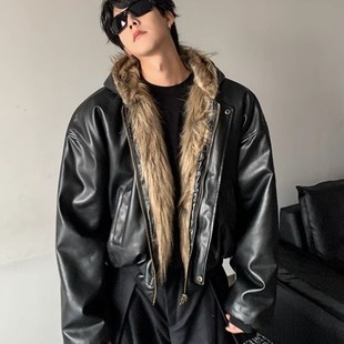 廓形派克服 短款 皮毛一体双面穿皮衣男冬季 连帽座山雕皮草棉衣美式