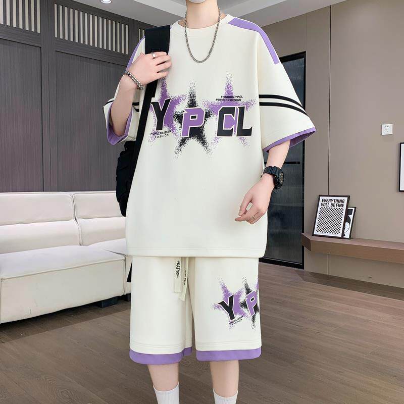 肥佬冰丝运动套装男夏季新款休闲短袖短裤男装一套搭配帅气两件套