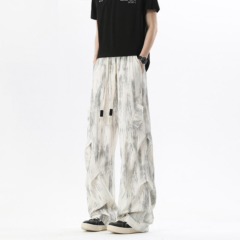 扎染冰丝工装卫裤男款夏季薄款阔腿宽松直筒休闲裤子男生速干男裤