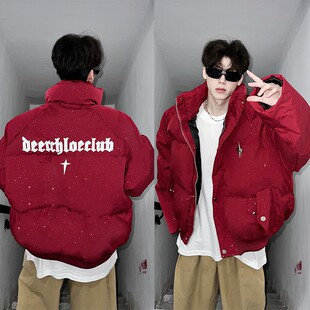 红色美式高街满天星棉服男冬季加厚保暖羽绒面包服高级感短款棉衣