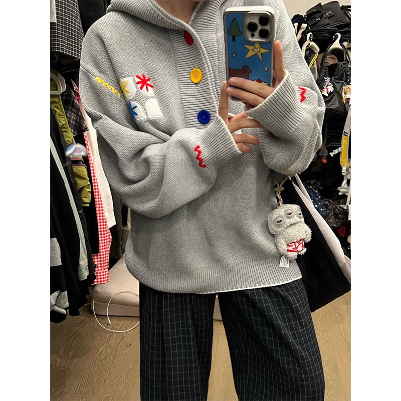 刺绣连帽毛衣男冬纽扣上衣针织衫