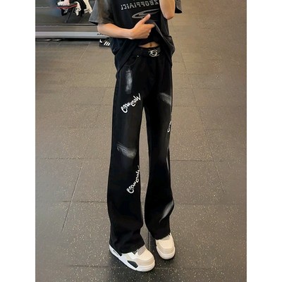 黑色泼墨涂鸦牛仔裤男帅微喇长裤