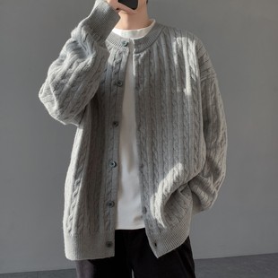 复古慵懒风百搭休闲毛衣男 外套男秋冬季 300斤美式 麻花纹针织开衫