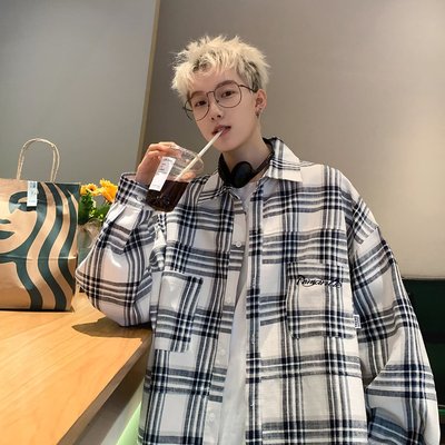美式复古格子衬衫男款长袖青少年