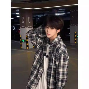 潮牌vibe高街长袖 男夏季 衬衣少年感潮流百搭外套 复古格子衬衫 美式