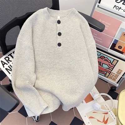 灰色美式复古亨利领毛衣男款冬季